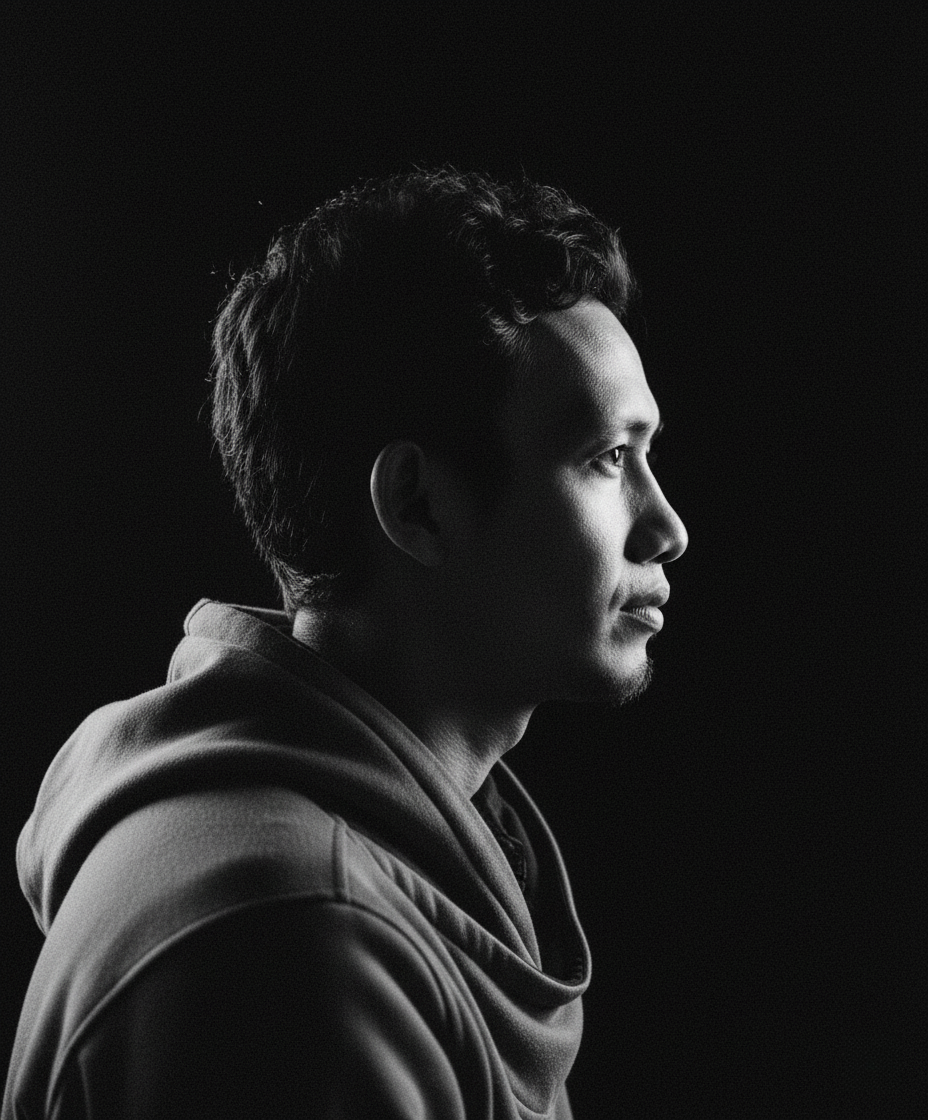 A monochrome side-profile shot highlighting hair and facial features against a dark background