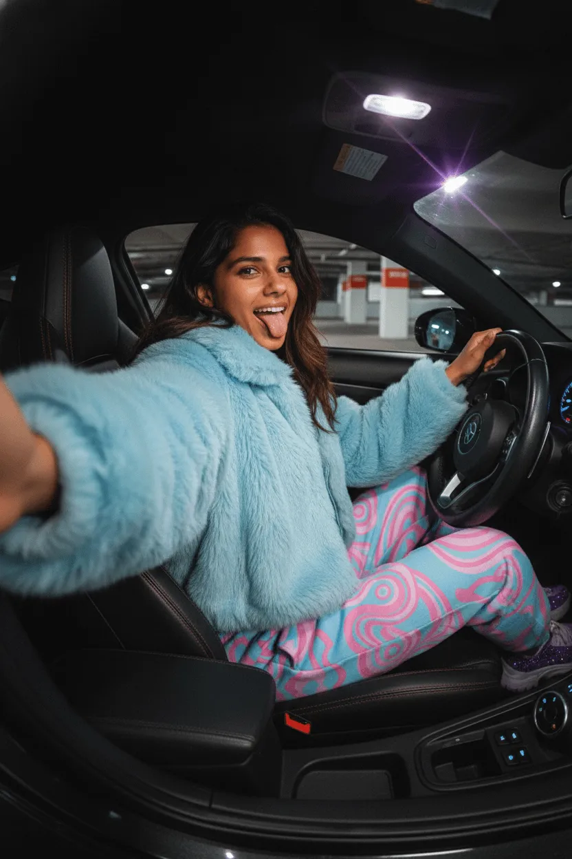 Blue Fur Jacket Selfie Parking Garage Low Angle