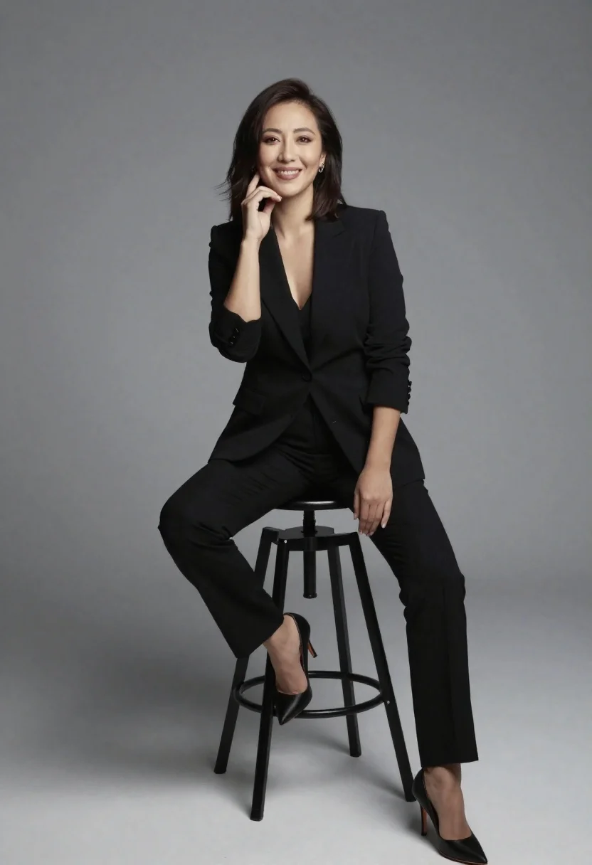 Professional Portrait Confident Woman With Dark Shoulder-length Hair And Earrings reference photo