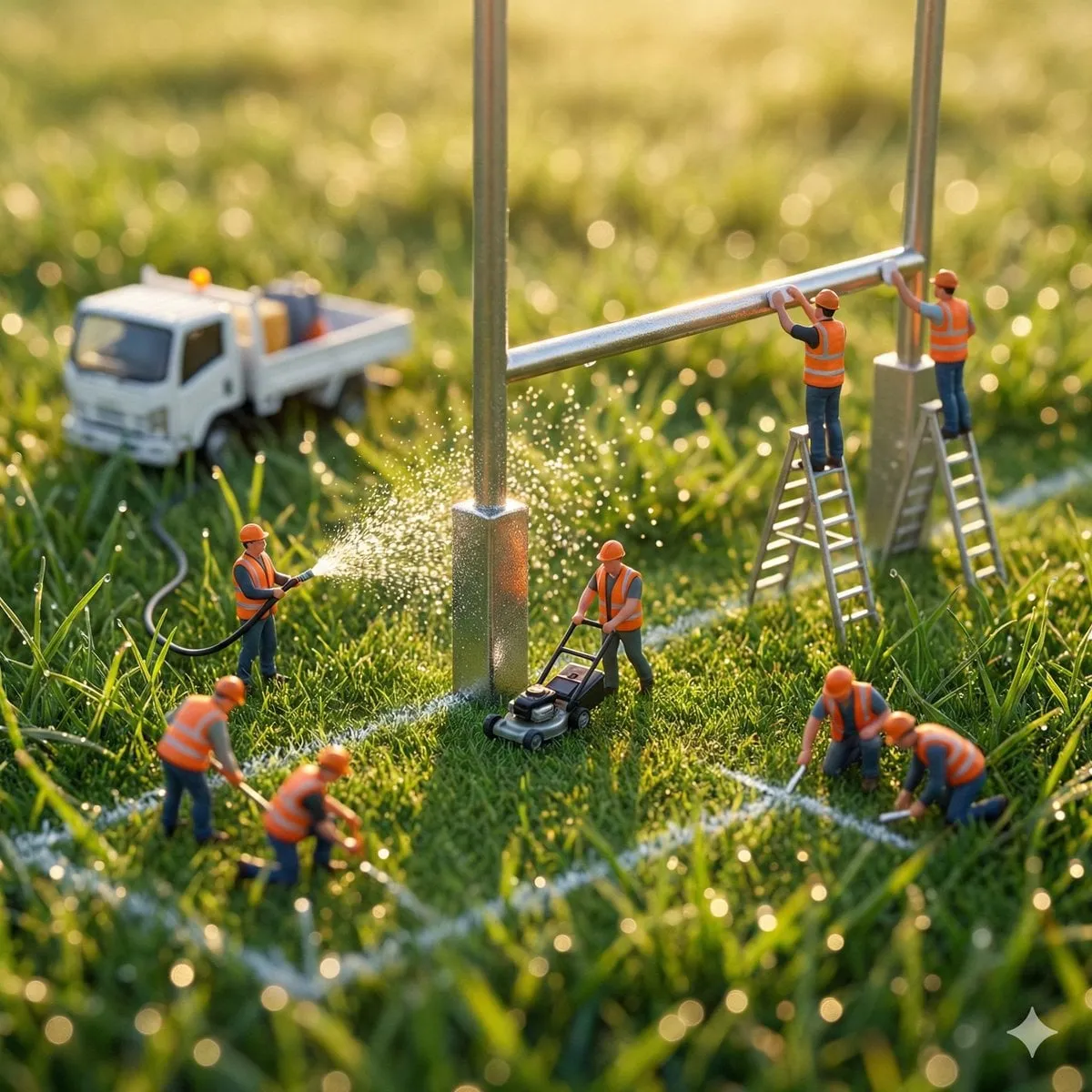 Miniature Construction Workers In Grass Field Golden Hour
