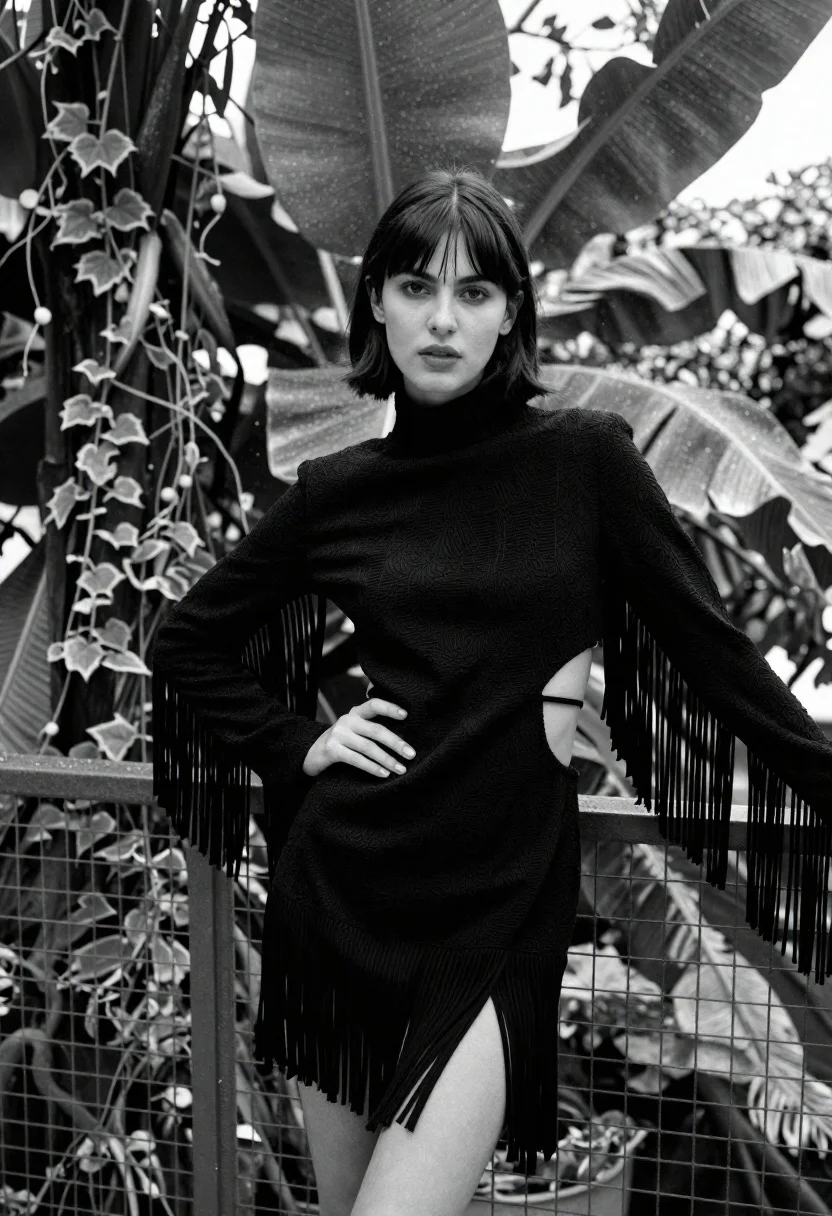 Confident Young Woman Stands Lush Garden Setting Wearing Elaborate Black reference photo