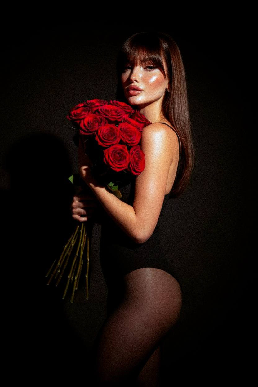 A serene woman in sheer tights holding a bouquet of red roses against a dark backdrop, illuminated by soft spotlight.