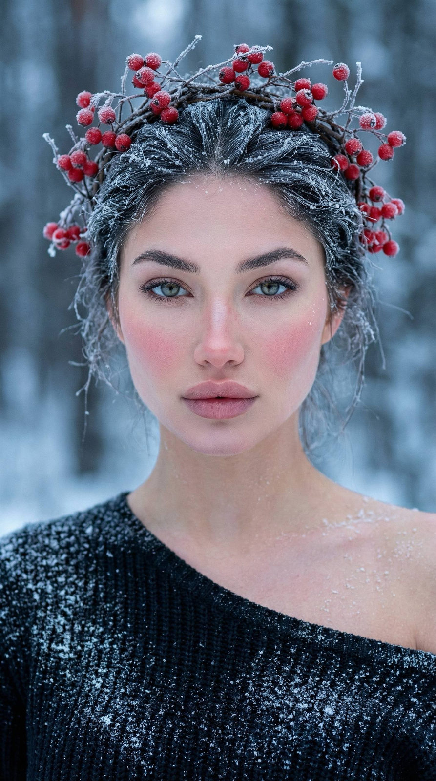 Frosty winter portrait of a woman with rosy cheeks and tousled hair, wearing a knitted dress and a wreath of red berries.