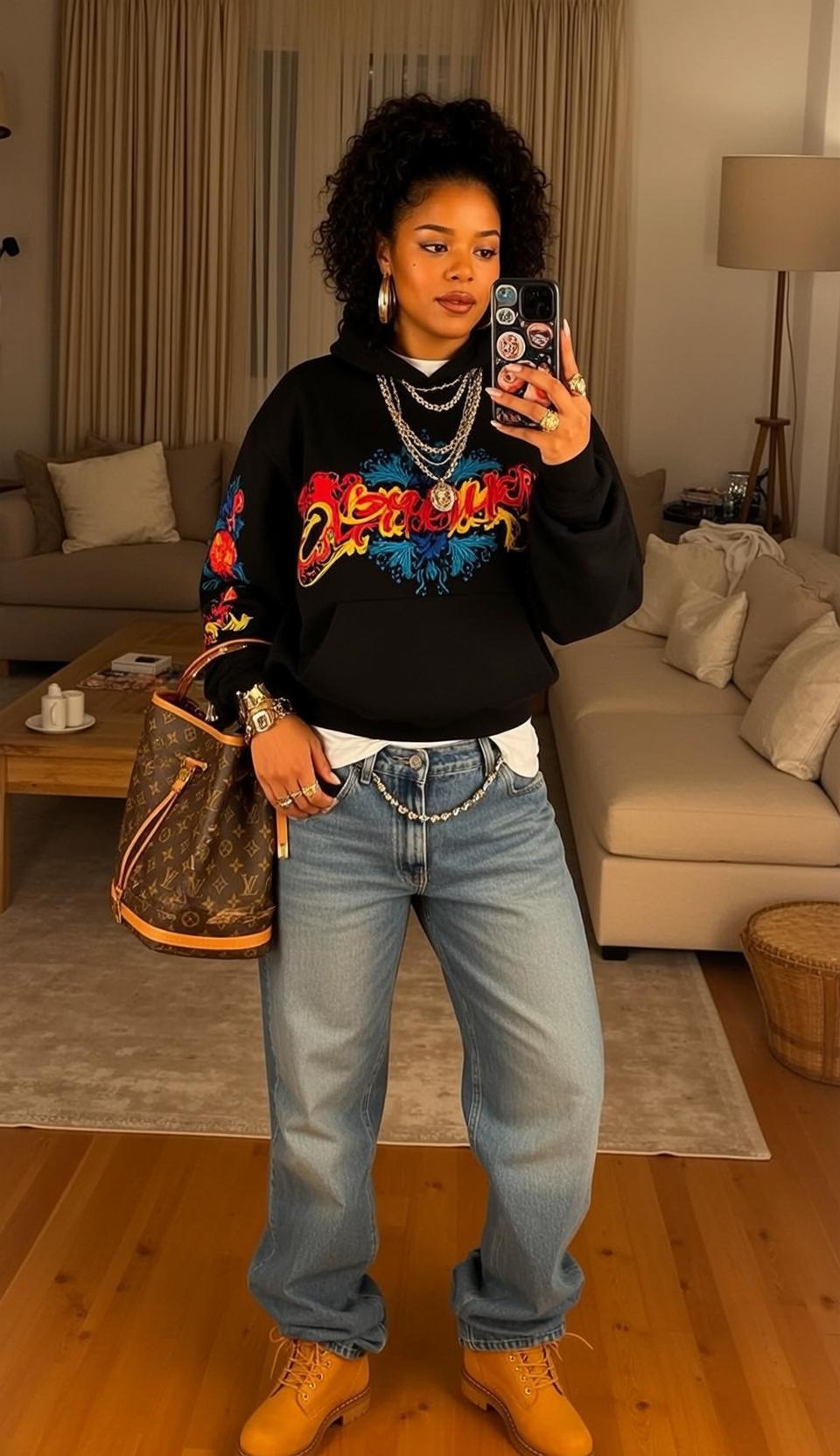 Graphic Hoodie Living Room Selfie