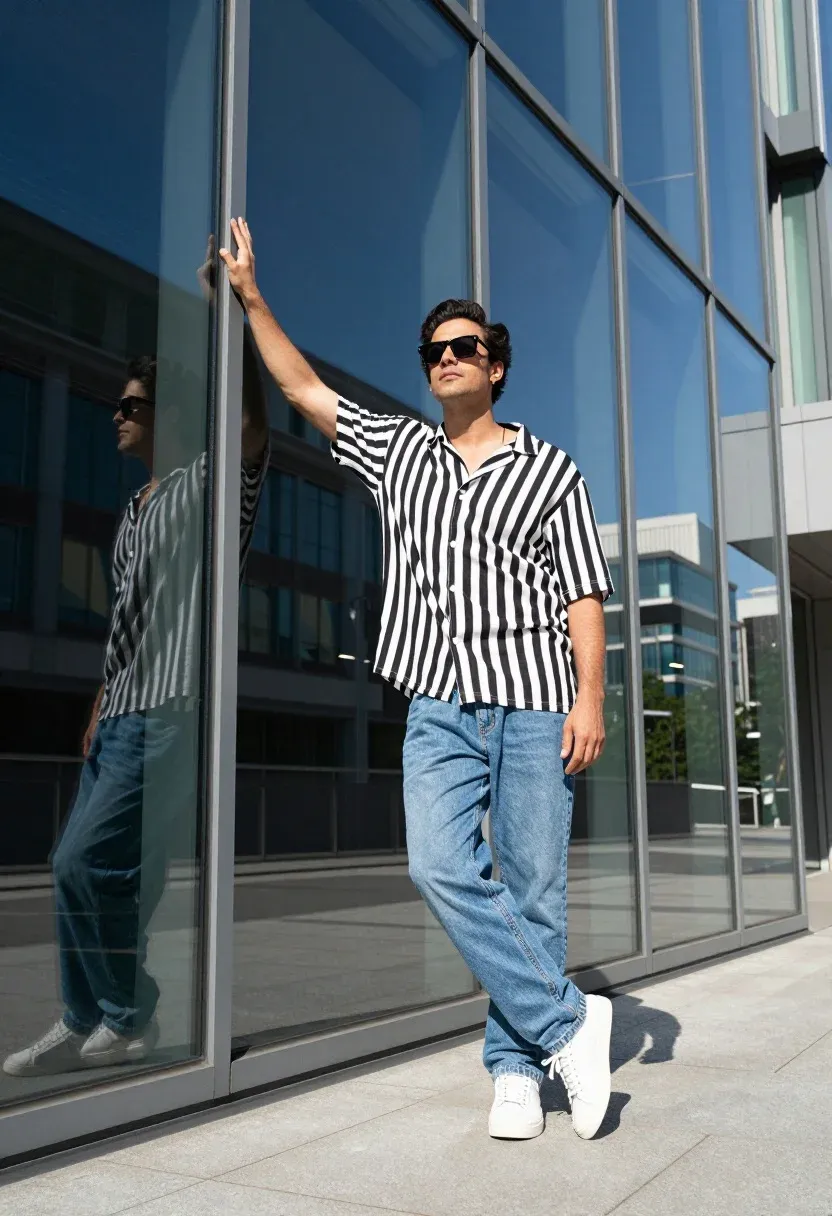 Stylish Man Poses Confidently Against Modern Glass Building Facade Subject