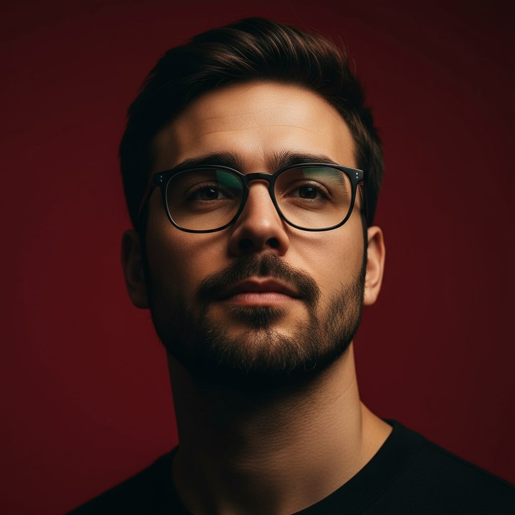 A bold cinematic male headshot featuring intense lighting and a crimson red background, showcasing a strong jawline and elegant pose.