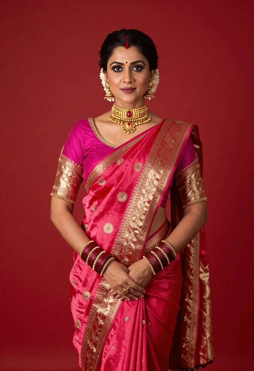 Poised Woman Stands Against Solid Red Backdrop Wearing Traditional Indian reference photo