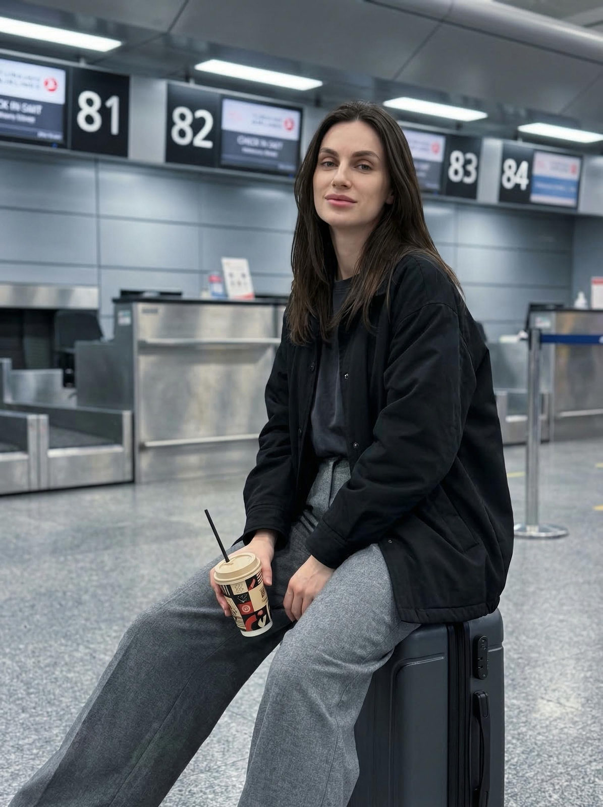 A woman in an oversized black jacket sitting on a suitcase at an airport check-in area, holding a paper cup.