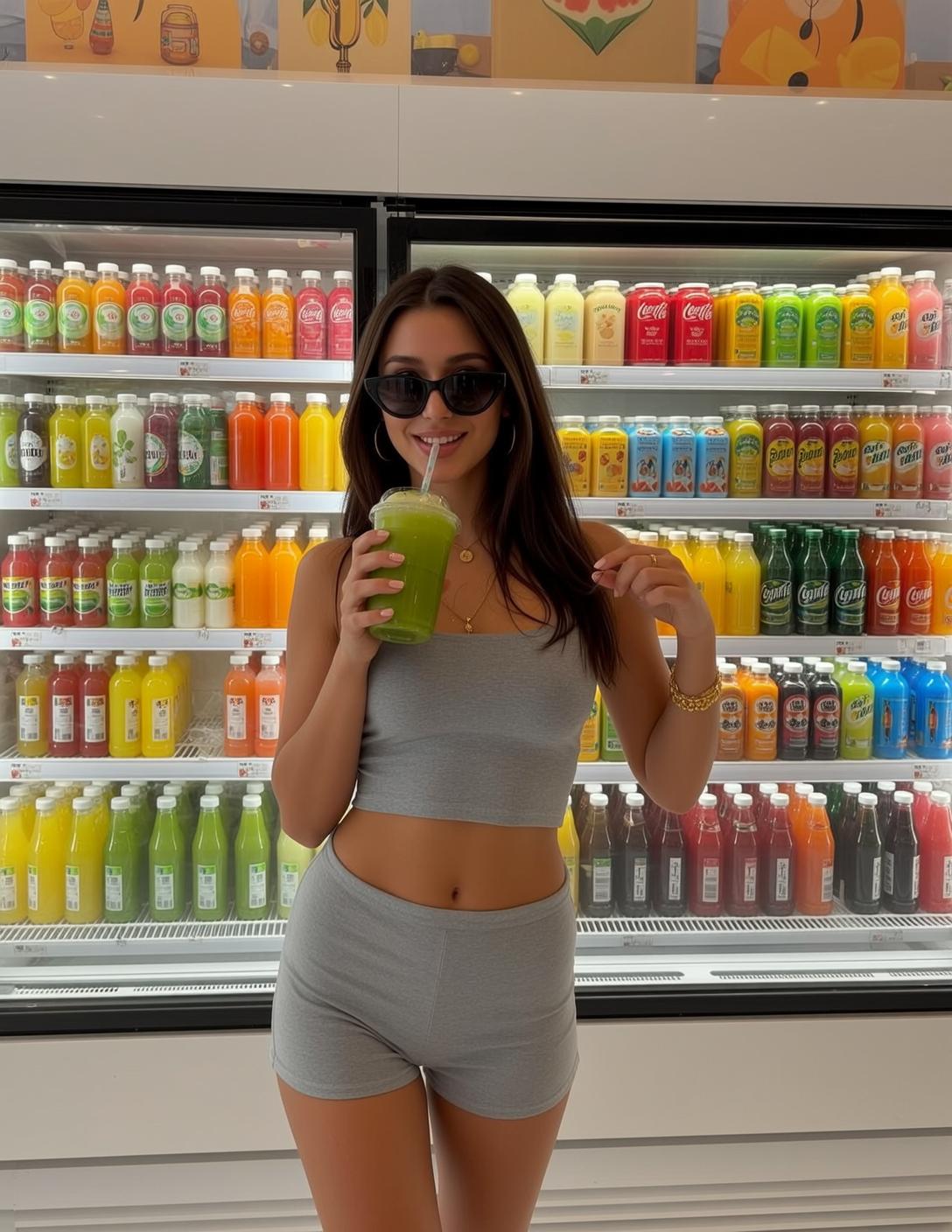Woman With Straw And Green Drink Grey Outfit
