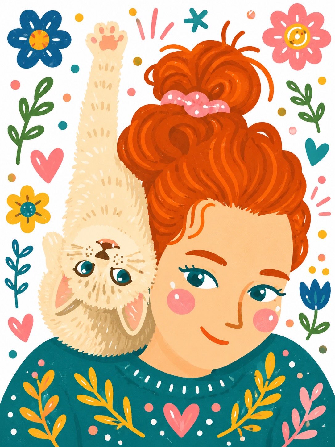 Red Hair Cat Scrunchie Floral Sweater White Background