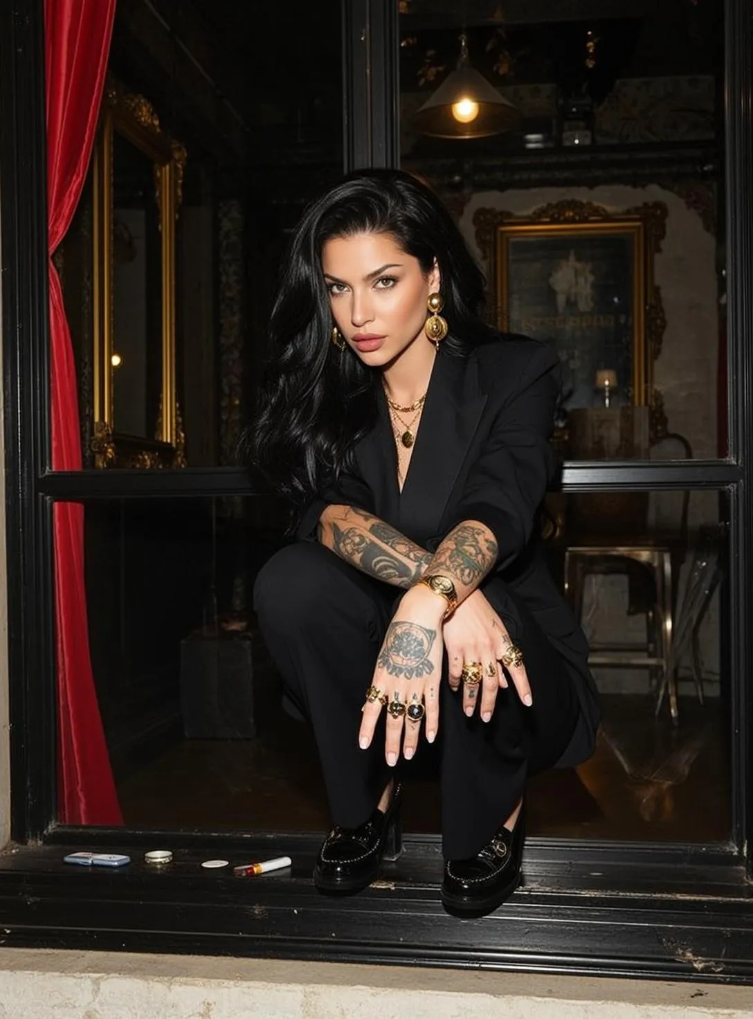 Tattoos Earrings Necklace Rings And Wristwatch In Blazer Portrait