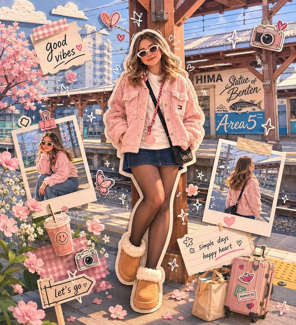 Sunglasses Pink Sherpa Jacket Train Station Scrapbook Collage