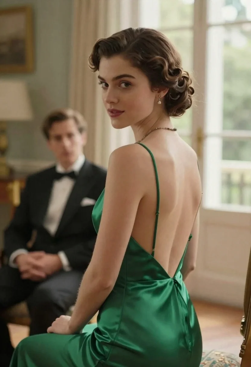 Woman Green Backless Dress Turns Her Head Look Over Her reference photo