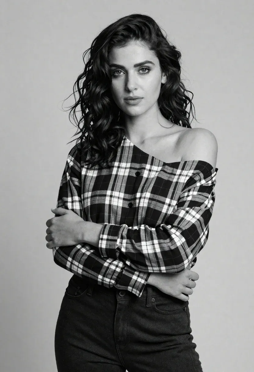 Confident Young Woman With Wavy Dark Hair Poses Studio Setting