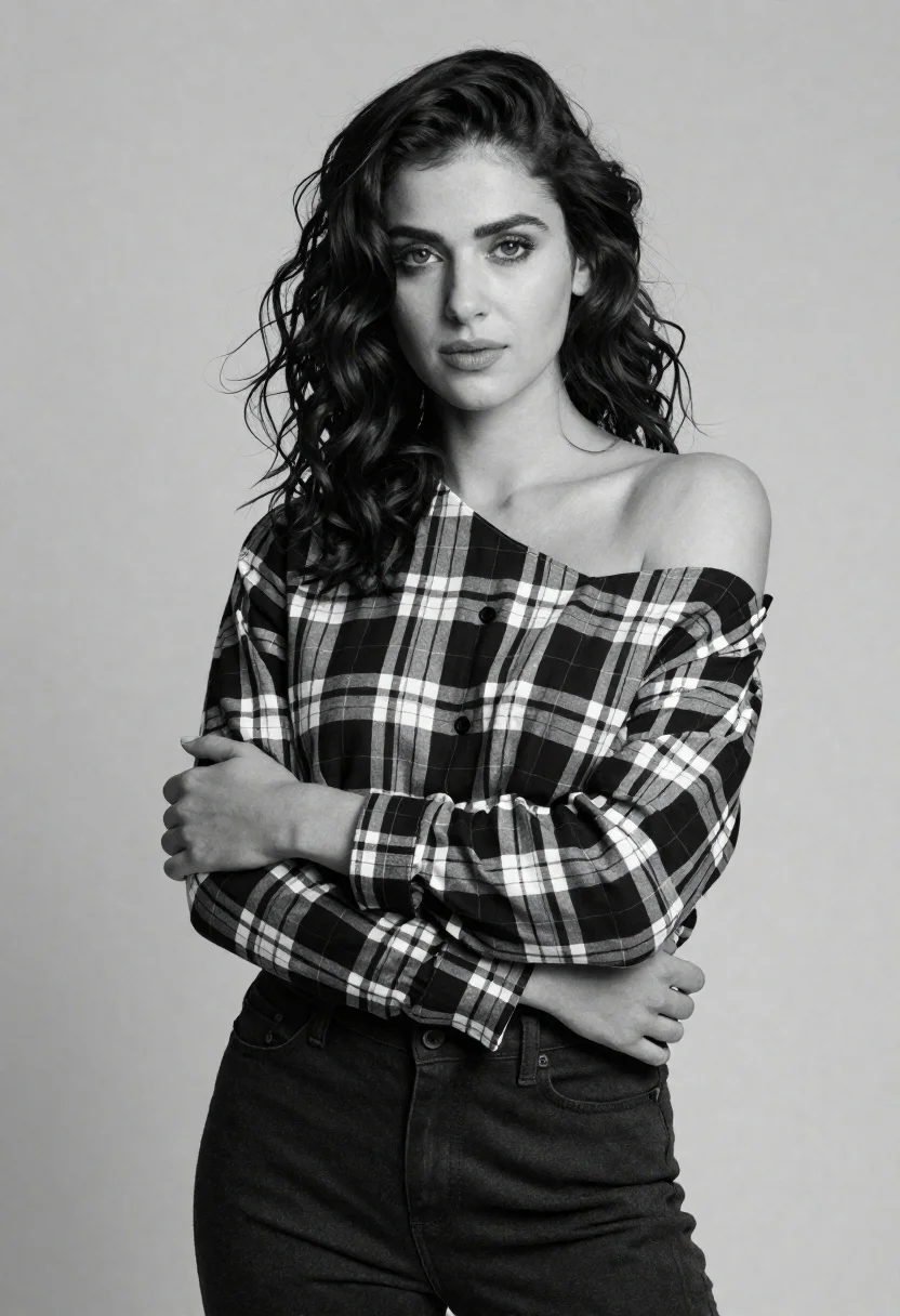 Confident Young Woman With Wavy Dark Hair Poses Studio Setting reference photo