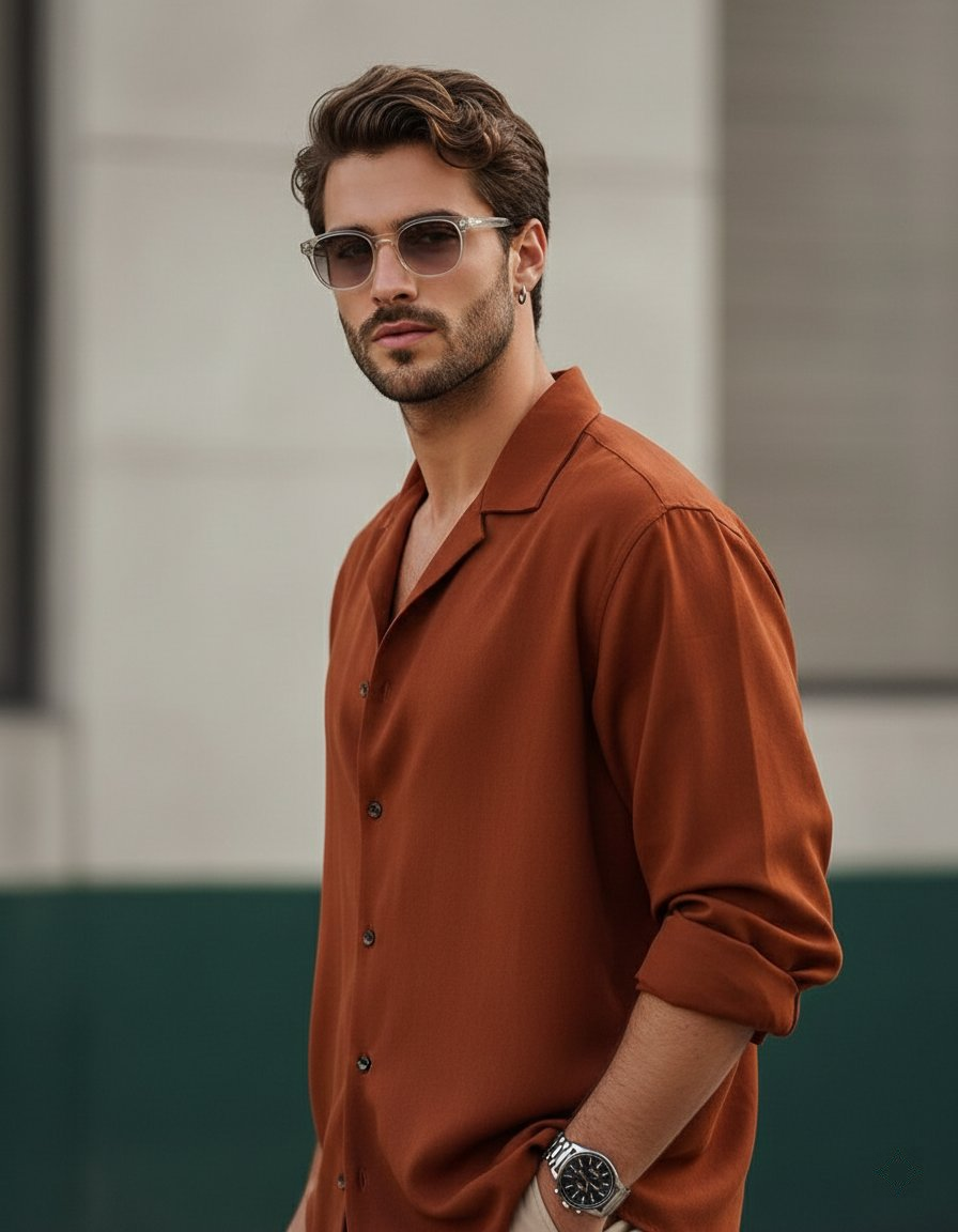 A stylish young man with dark voluminous hair in a rust colored shirt, wearing transparent sunglasses and minimalist accessories against a soft blurred background.