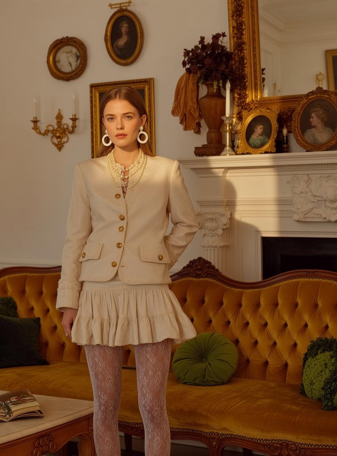 Ornate Living Room Cream Blazer Ruffled Skirt