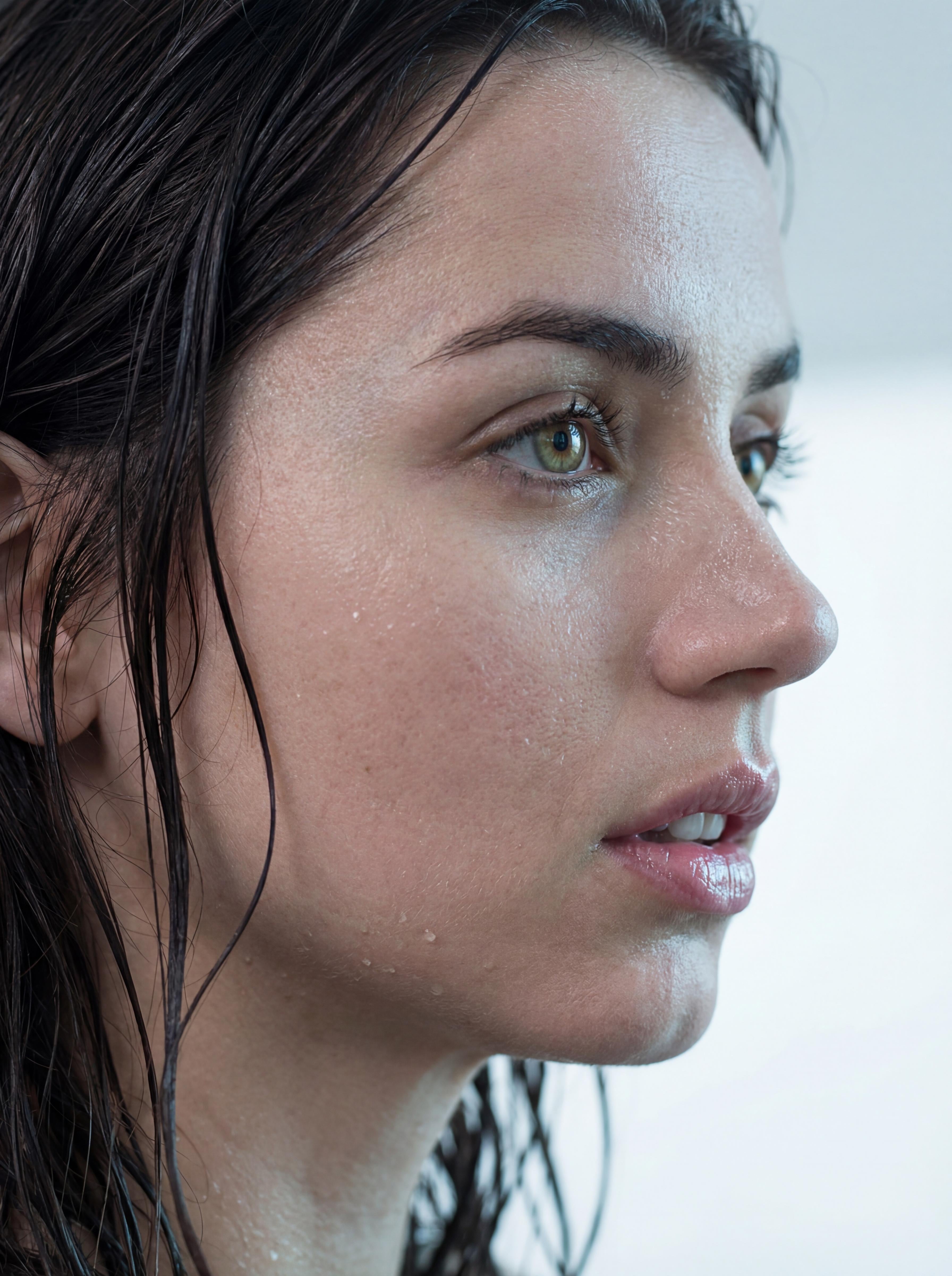 Close-up profile portrait of a person with wet hair and soft light on a white wall.