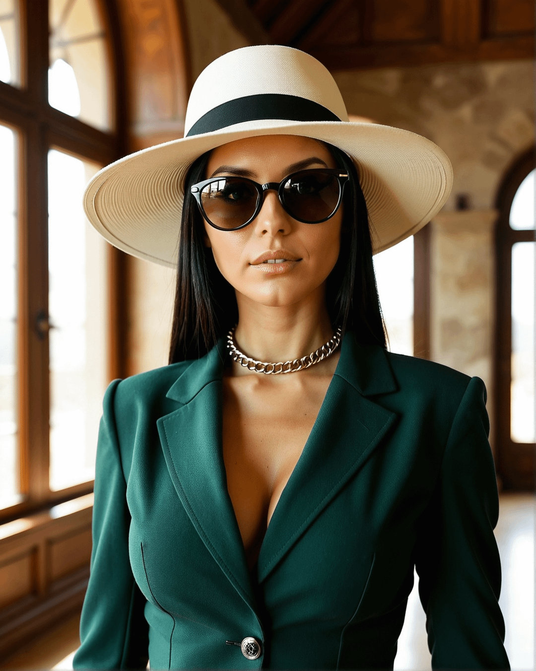 White Wide Brimmed Hat Black Band In Hallway