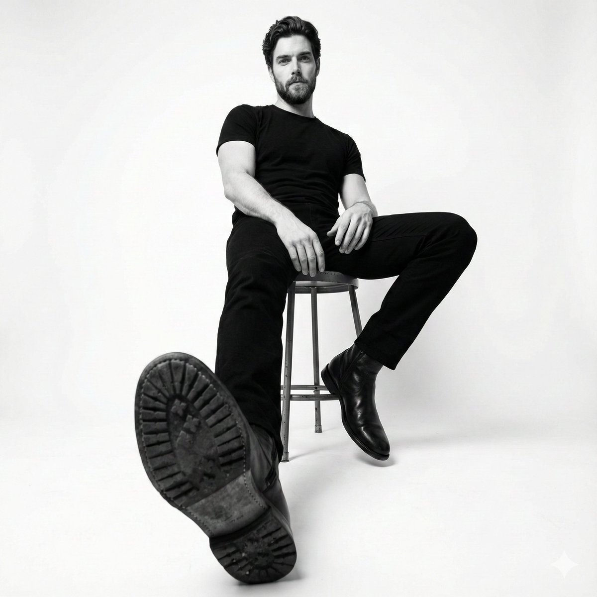 High-contrast black-and-white photo of a seated man in a black sweater, showing calm demeanor and dramatic perspective.