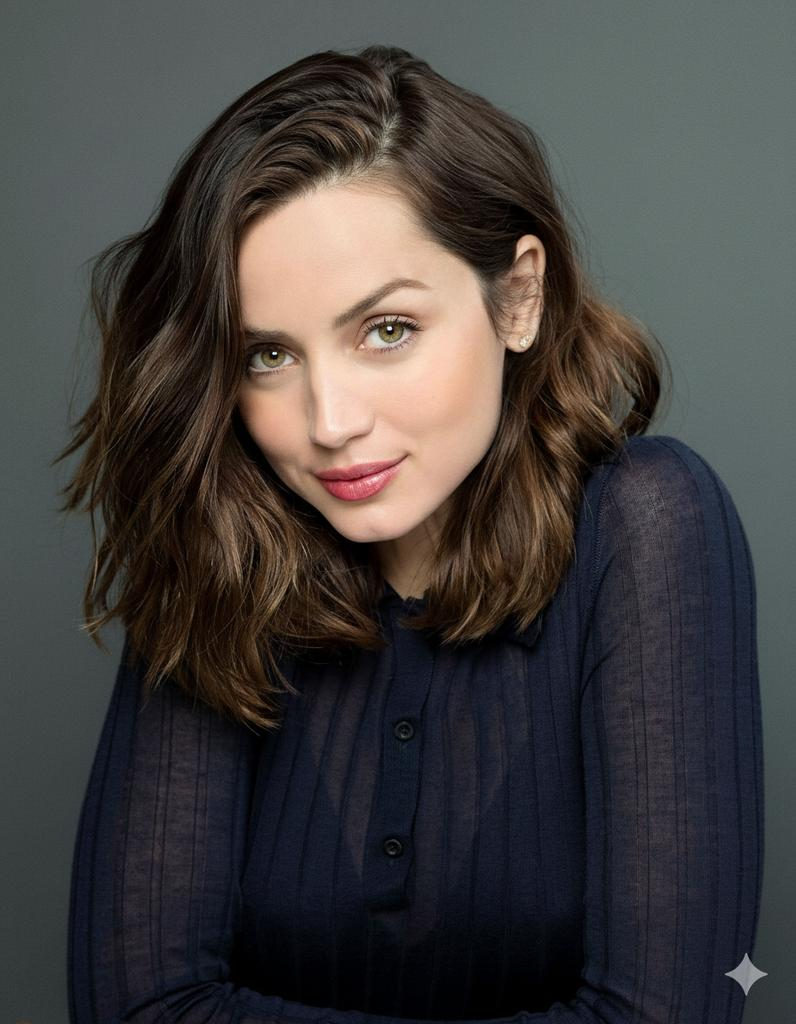 Hyper-realistic portrait of Ana de Armas, seated confidently on a minimalist surface, showcasing her elegant pose and natural beauty.