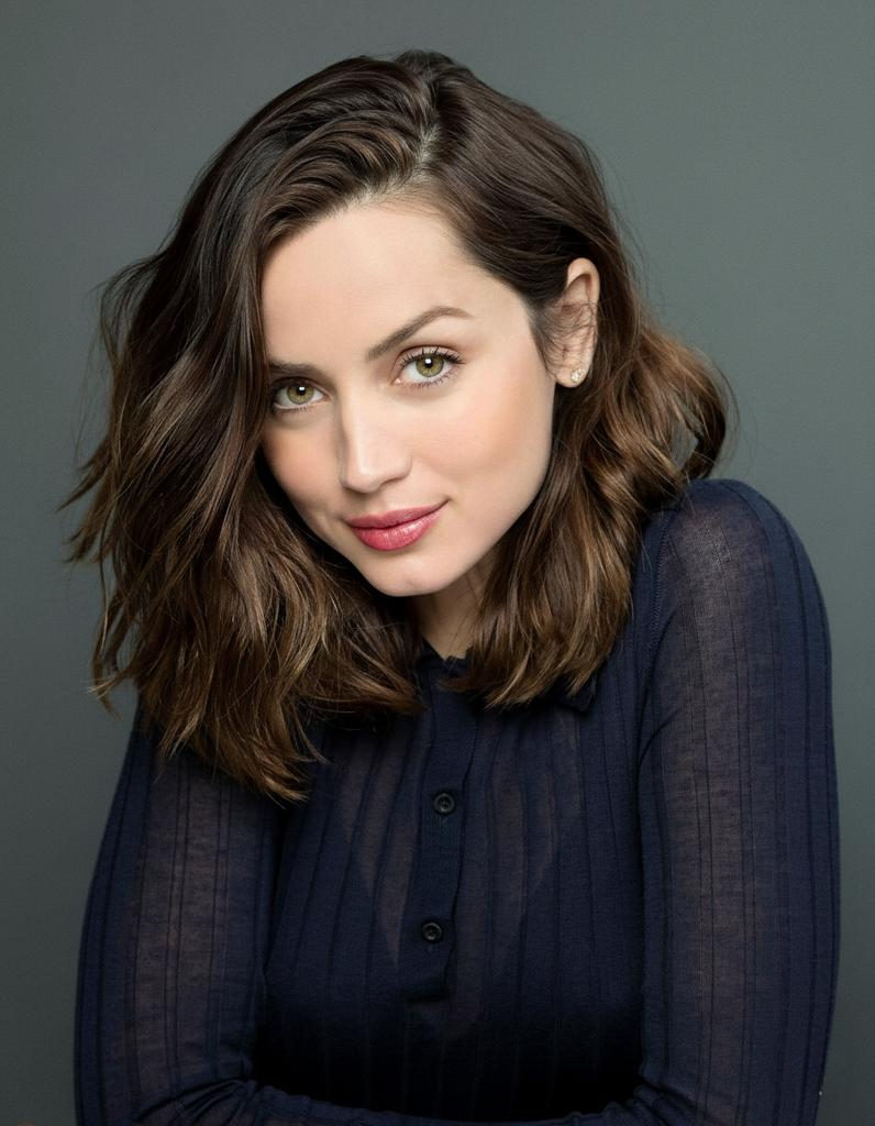 Hyper-realistic portrait of Ana de Armas, seated confidently on a minimalist surface, showcasing her elegant pose and natural beauty.