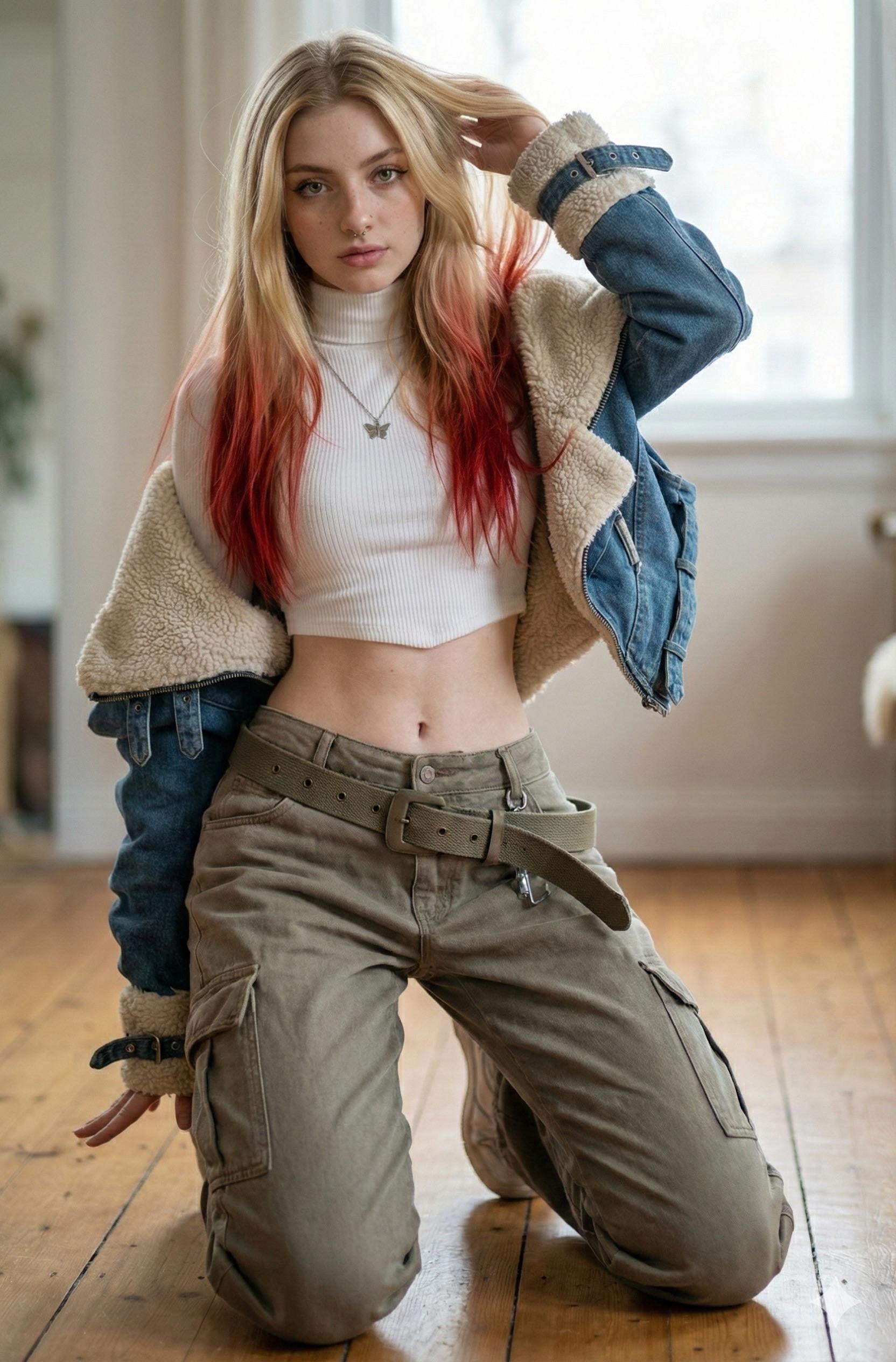 A confident woman kneeling on polished wood floor, vibrant pink-red ombre tips, wearing a fitted white crop top and blue denim jacket.