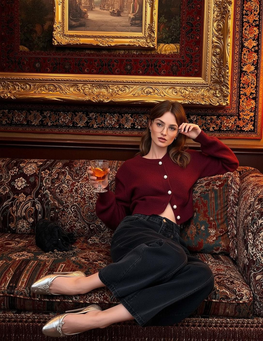 Explore Seated Richly Patterned Sofa Holding Glass