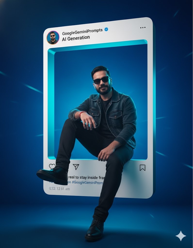 A young man in dark sunglasses poses boldly inside a giant Instagram frame, showcasing a vibrant blue and cyan background.