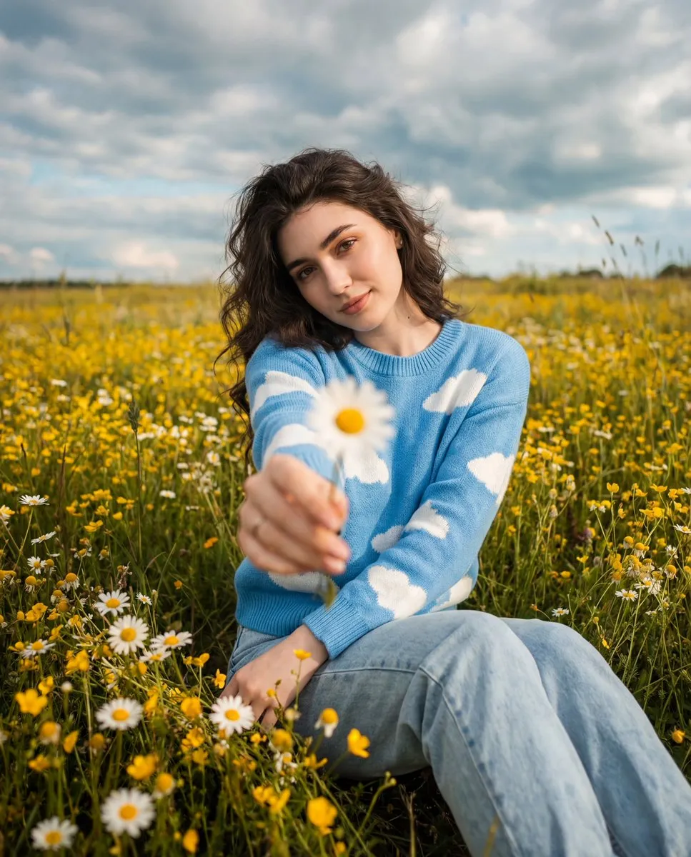 cinematic, wide-angle portrait of her sitting in a wildflower field during the d