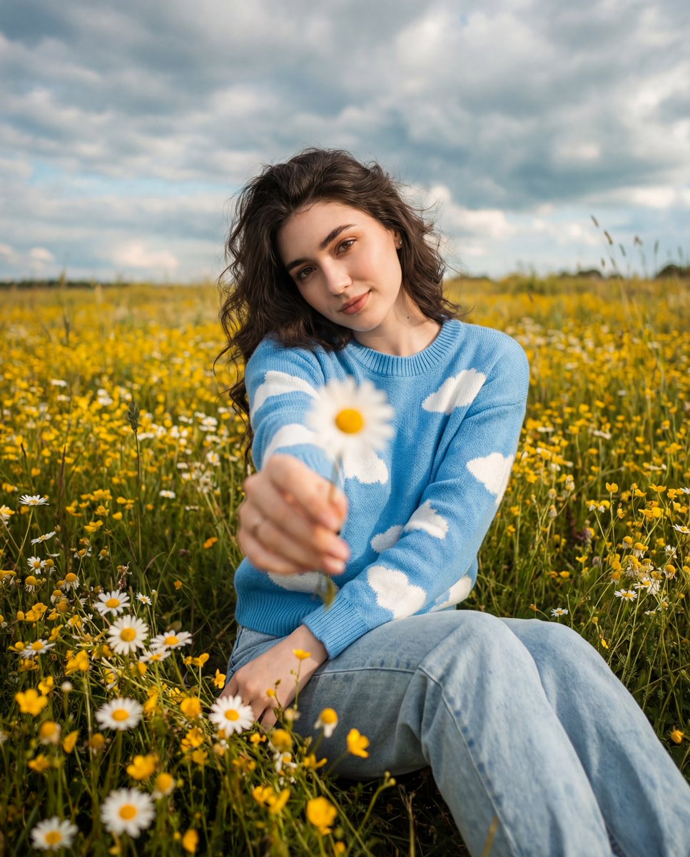 A woman in a sky-blue sweater holds a daisy, sitting in a vibrant wildflower field with yellow blooms and a partly cloudy sky.