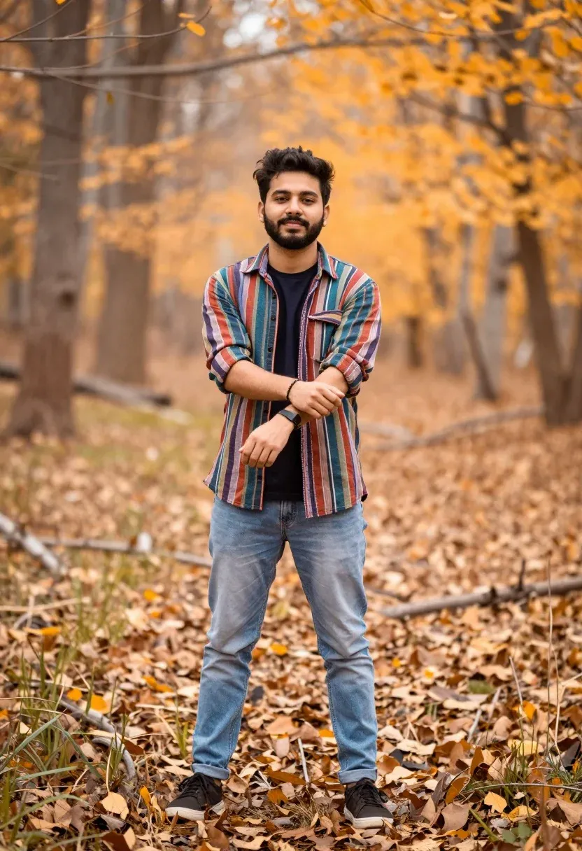 Young Man Stands Autumnal Forest Clearing With Warm Golden-orange Background
