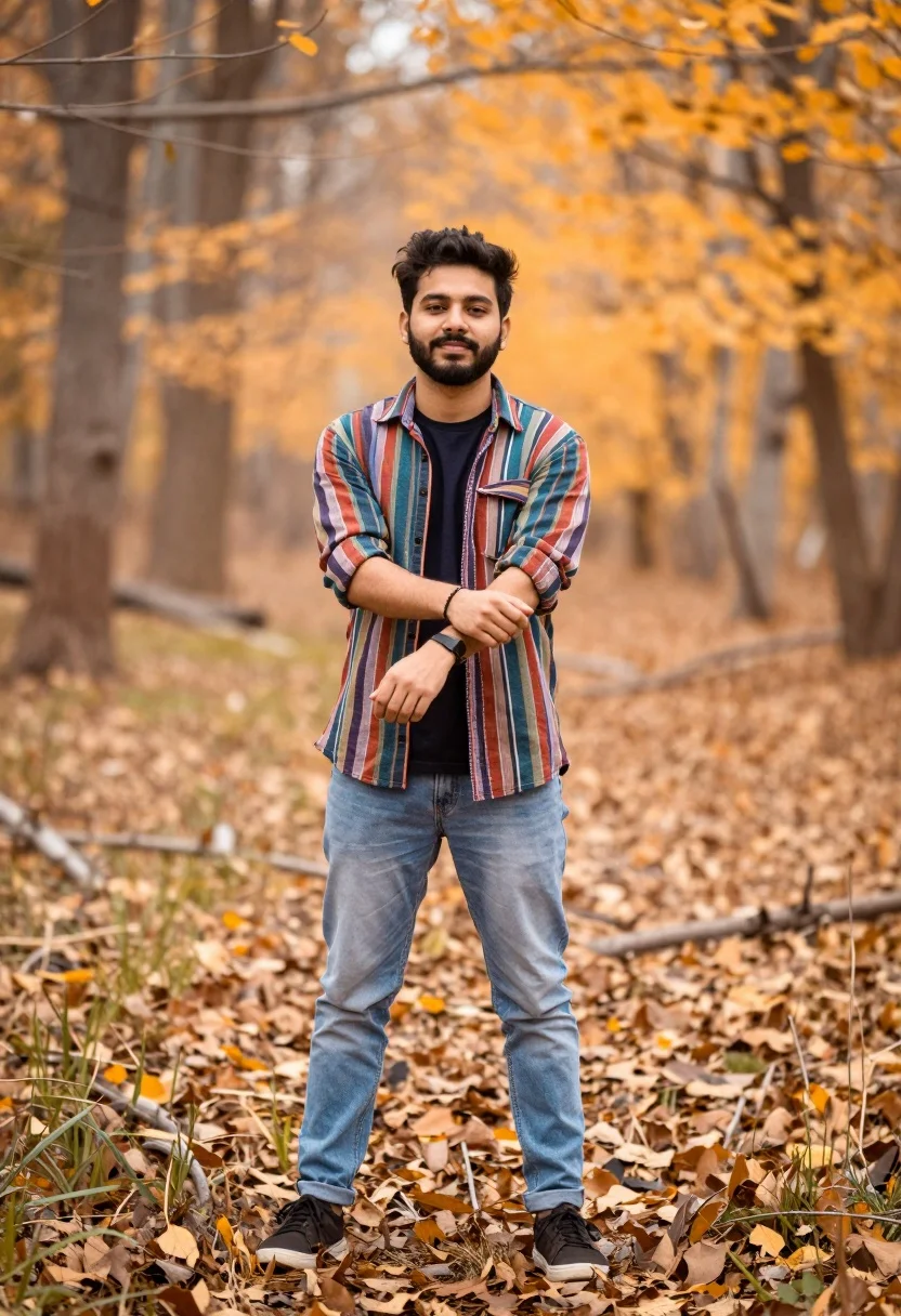 Young Man Stands Autumnal Forest Clearing With Warm Golden-orange Background