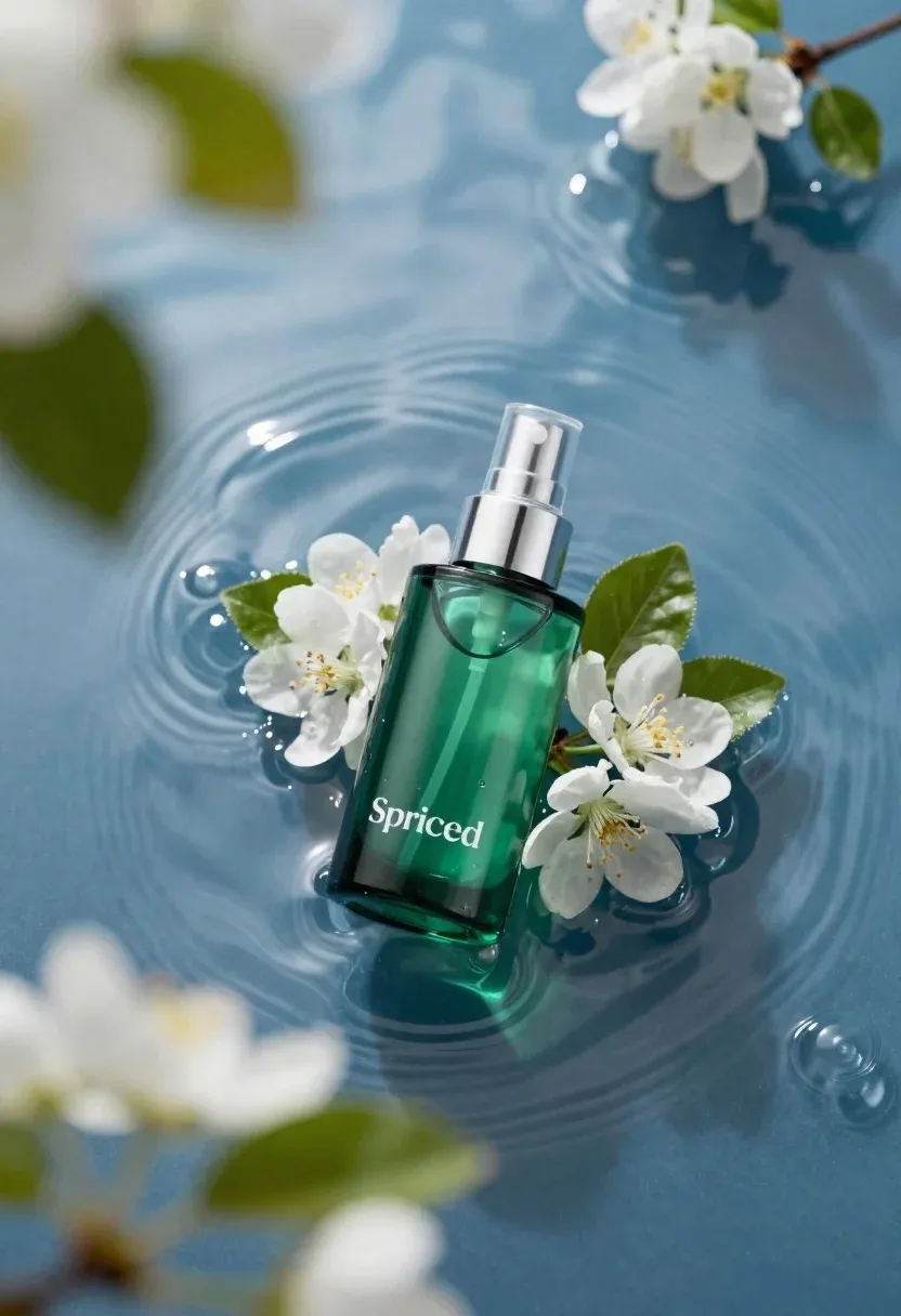 Sleek Green Skincare Bottle With Silver Pump Dispenser Rests Rippling