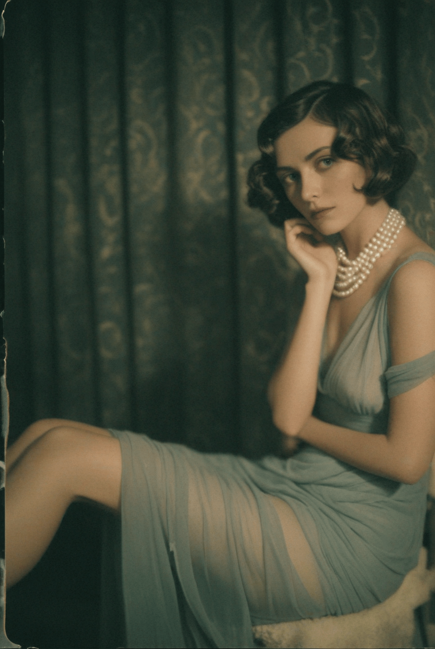 A vintage portrait of a person seated, wearing a sage-green chiffon gown and pearl necklace, with soft finger-waved curls and a contemplative pose.