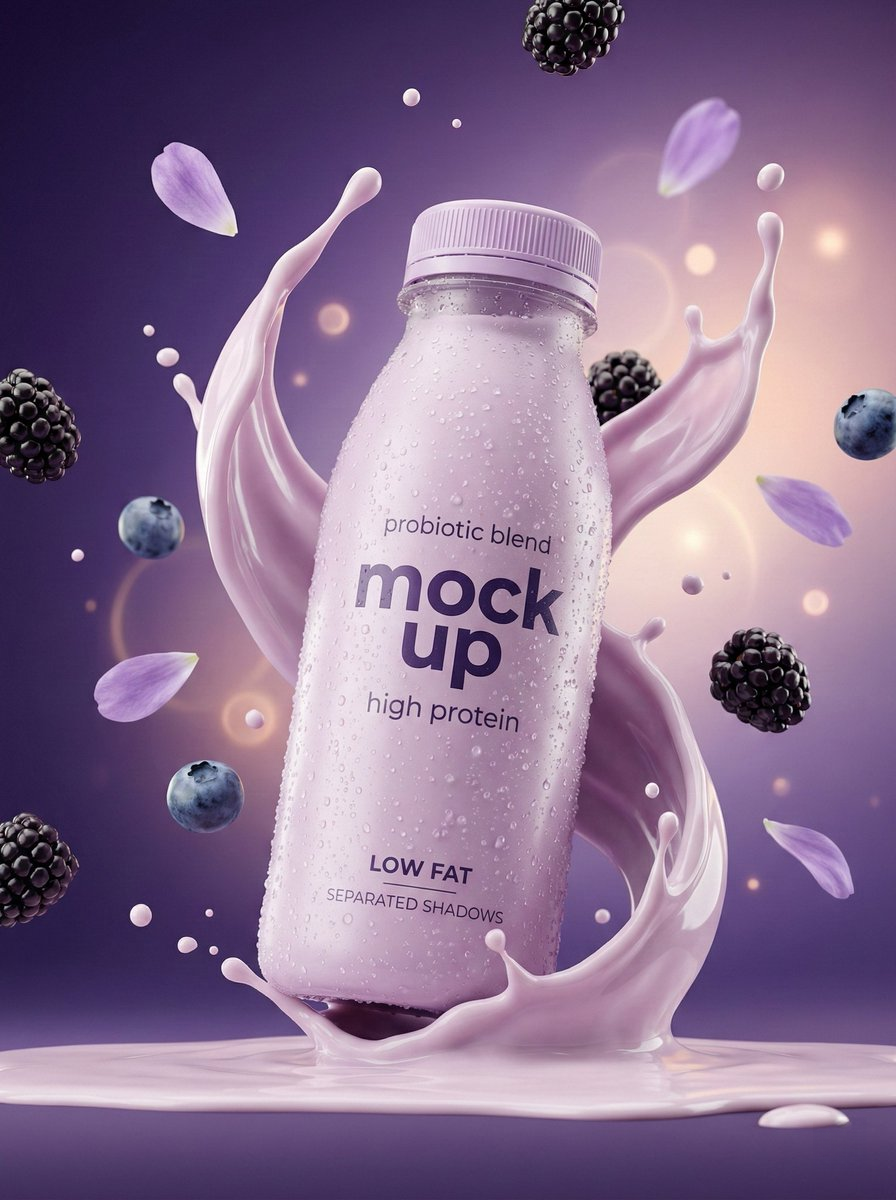 A frosted lavender yogurt smoothie bottle with condensation, splashing yogurt wrapped around it, surrounded by floating blueberries and blackberries.