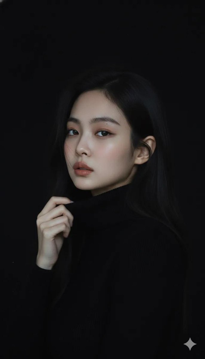 A moody cinematic portrait of a young woman with clear fair skin and soft loose dark brown hair, exuding calm confidence.