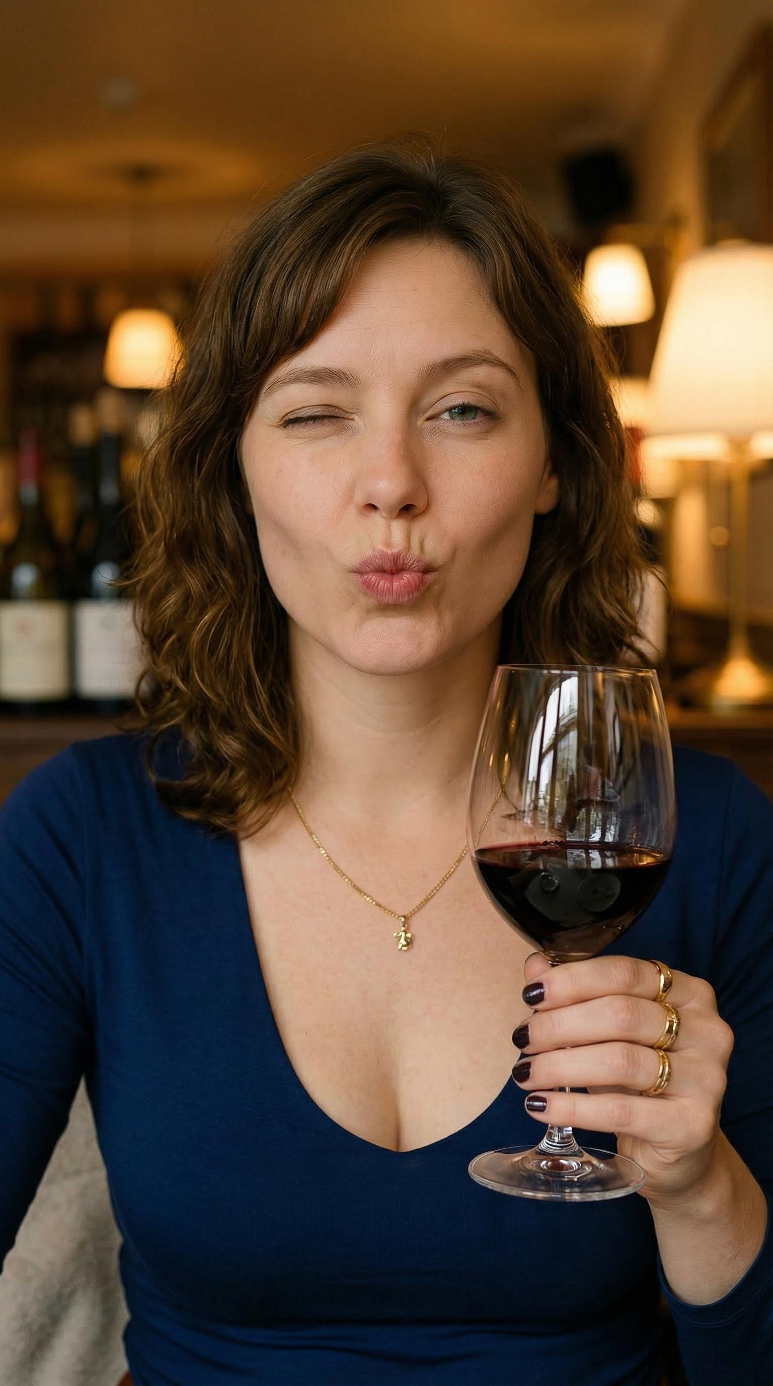 Ultra-realistic portrait of a woman in soft focus, with a kissing gesture, wearing gold jewelry in a warm restaurant setting.