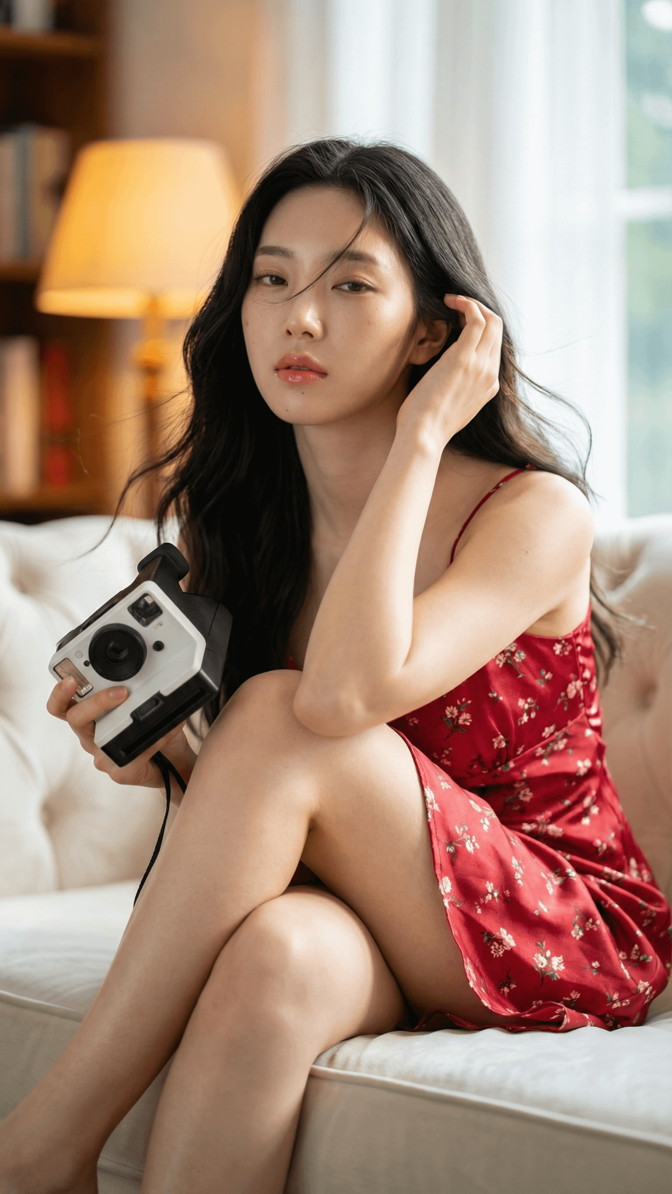 Red Floral Dress With Instant Camera