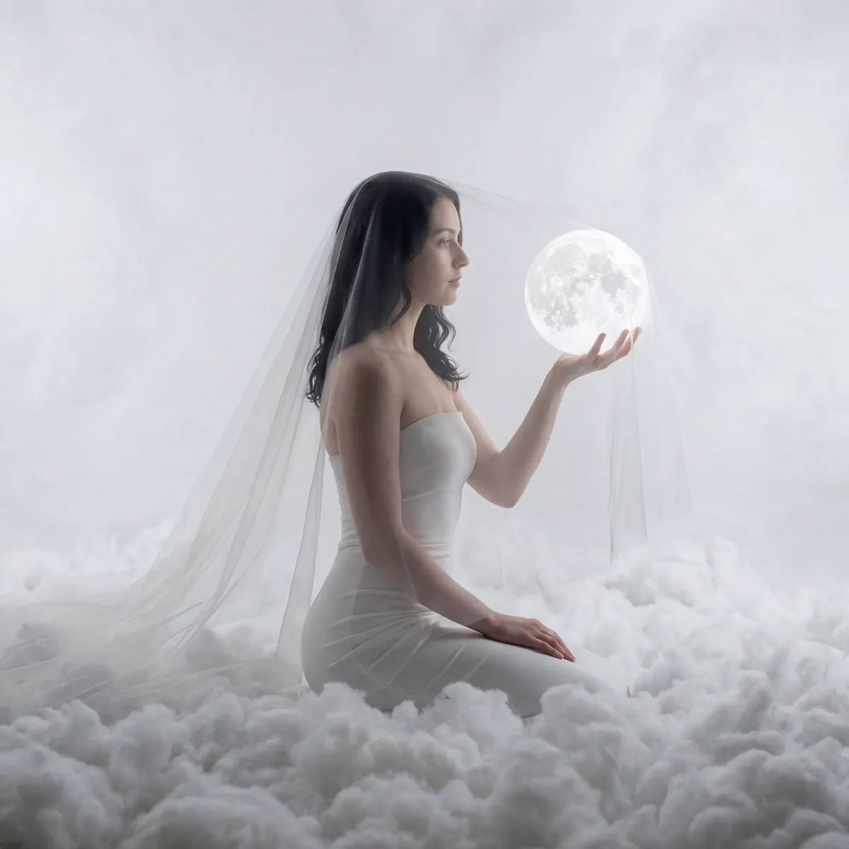 Realistic Woman White Dress Cloud Portrait