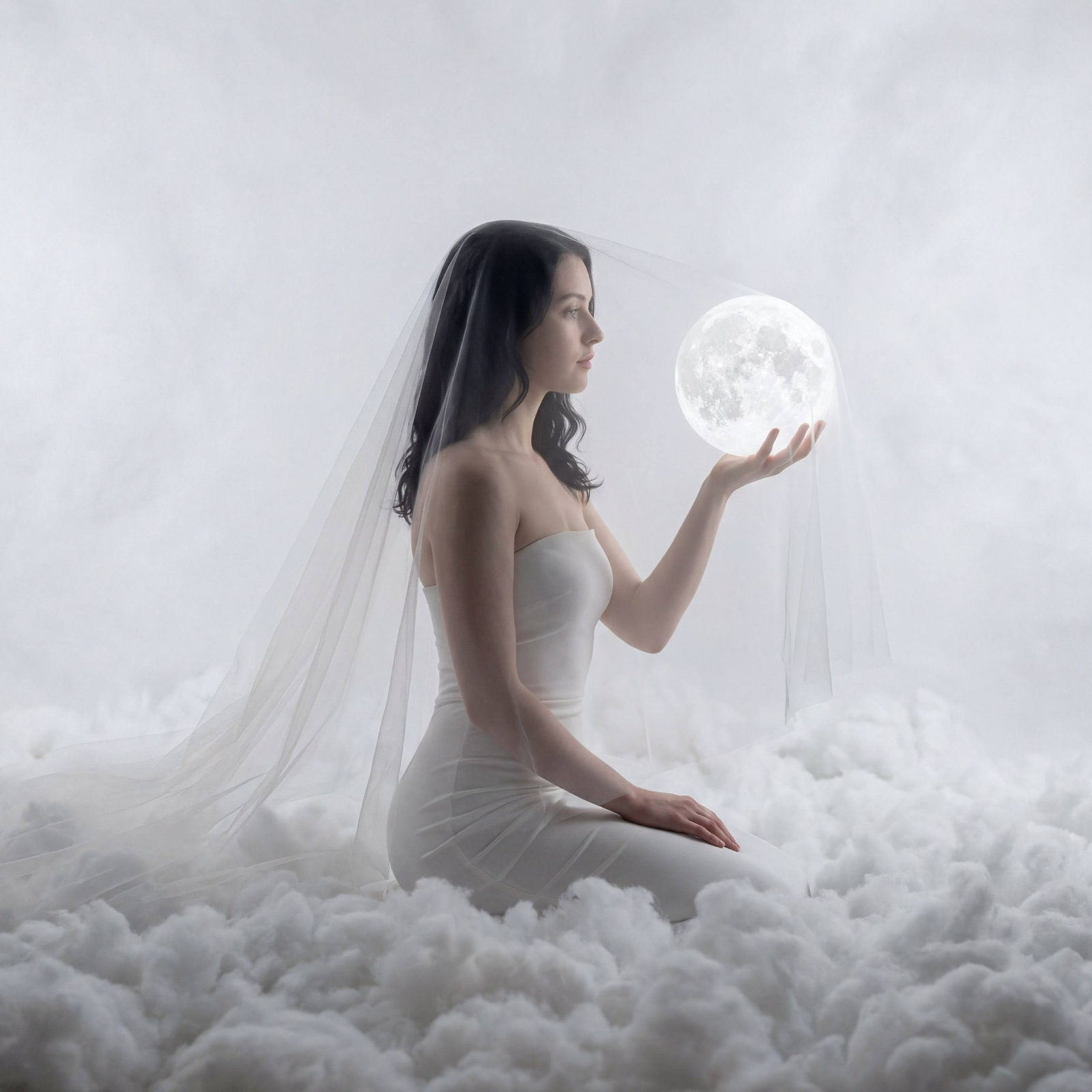 A young woman in a strapless white dress sitting among fluffy clouds, holding a glowing spherical object.