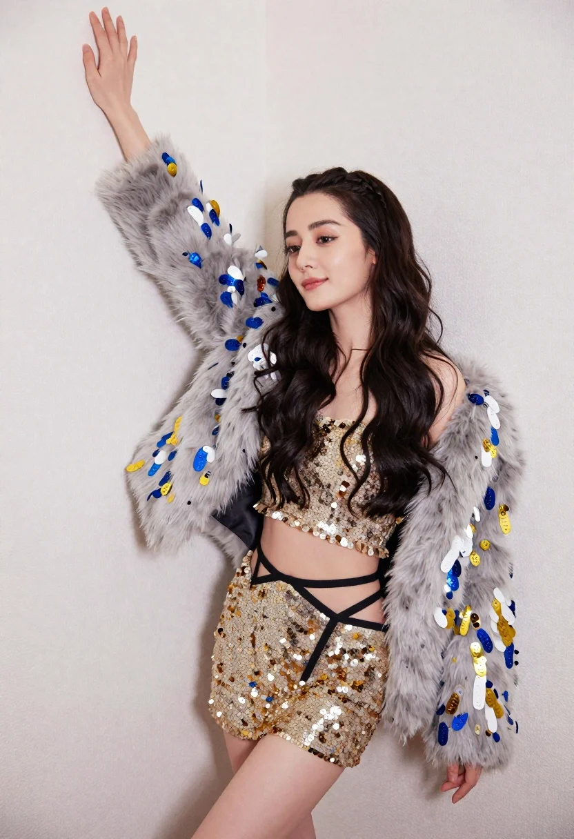 Glamorous Woman Posing Against Plain White Wall With Her Left reference photo