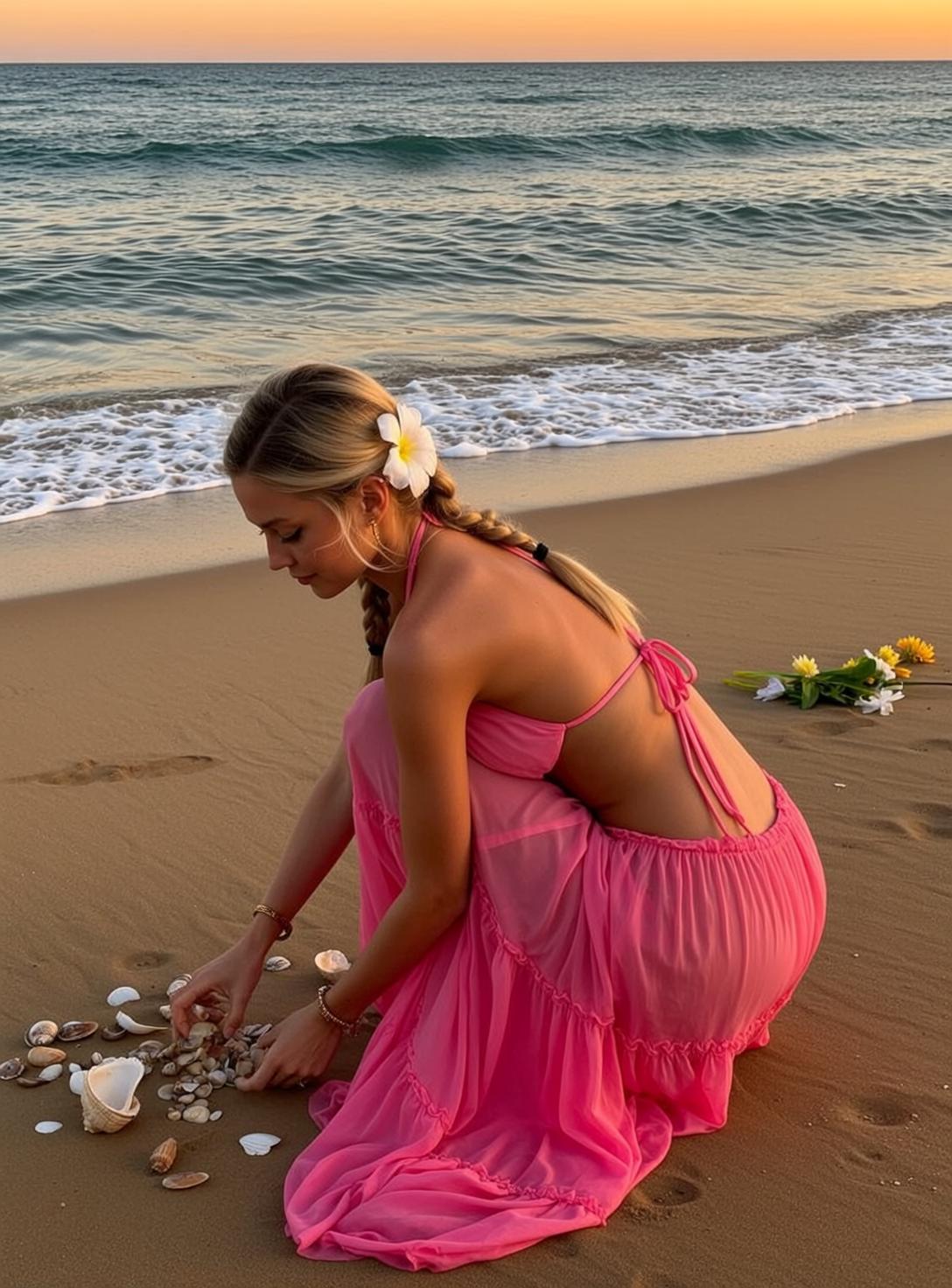 Pink Bikini Seashell Beach Crouch