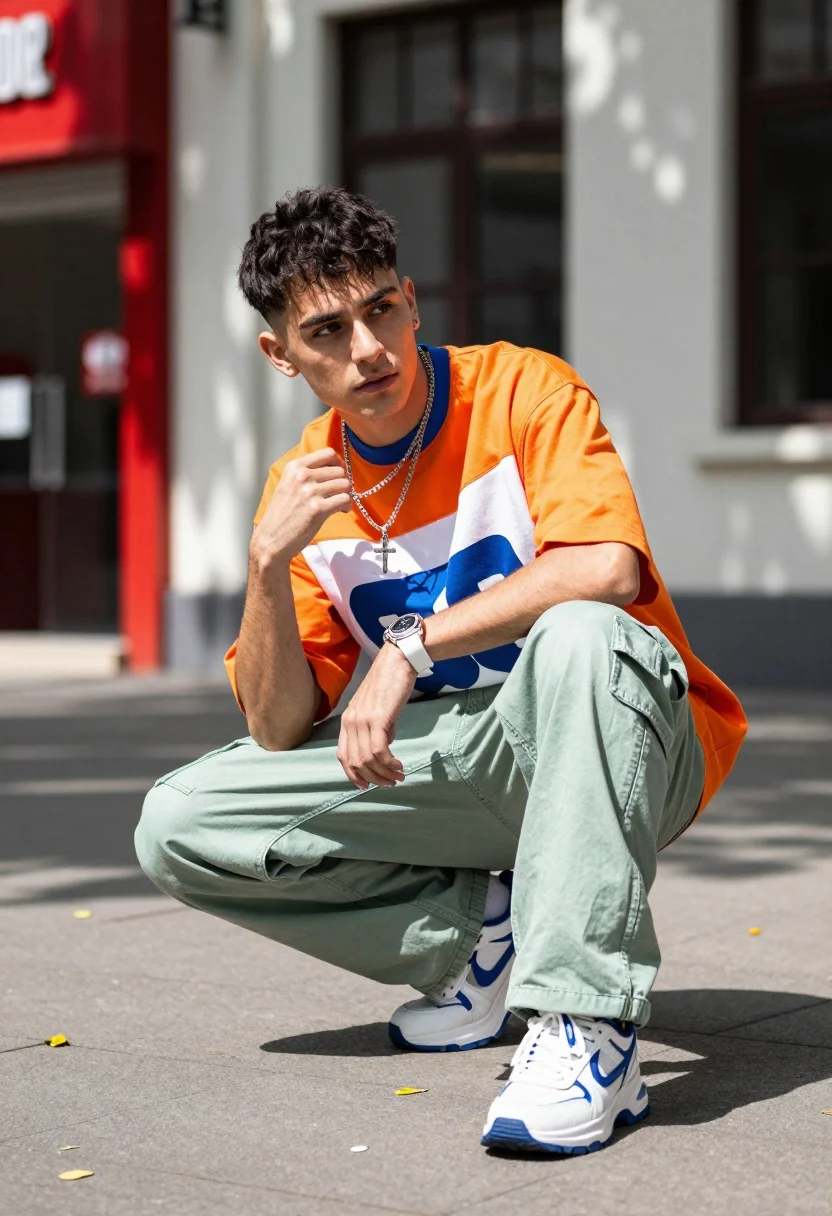 Young Man Crouching Dynamic Pose Outdoors Paved Surface With Scattered