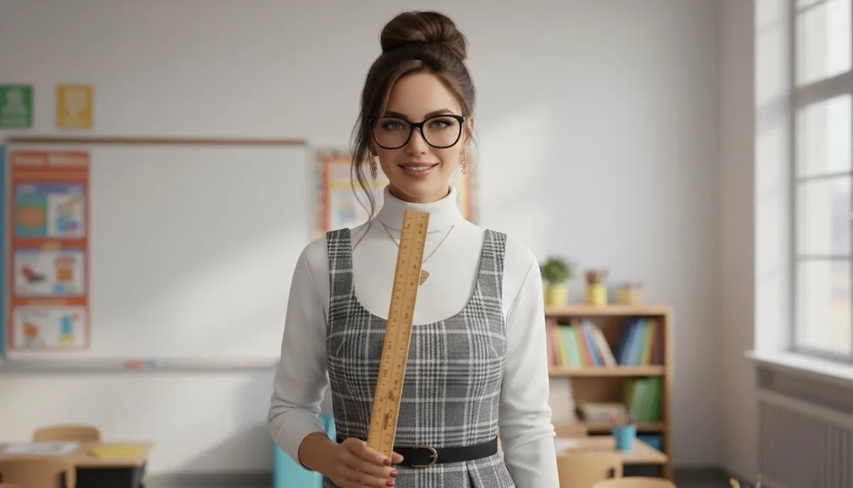 Girl Classroom Plaid Dress Gold Earrings Whiteboard Books