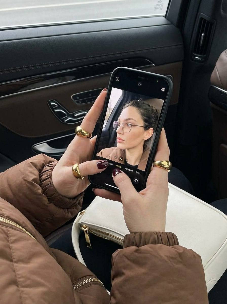 Close-up of elegant hands holding a smartphone inside a luxurious car, showcasing gold rings and manicured nails.