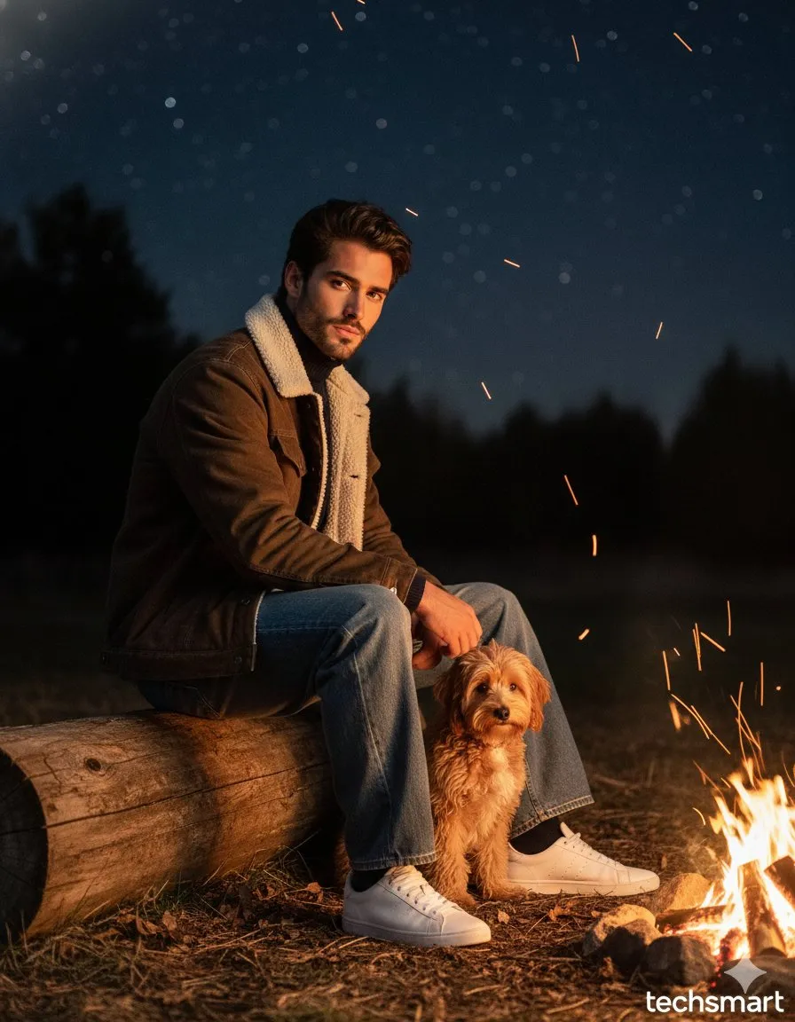 Campfire With Dog Night Forest Lighting