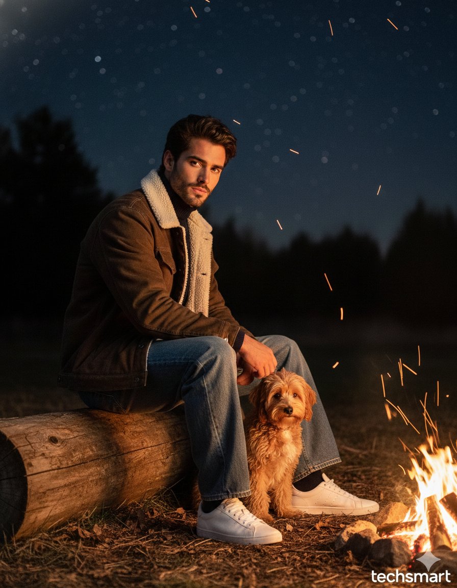 Campfire With Dog Night Forest Lighting