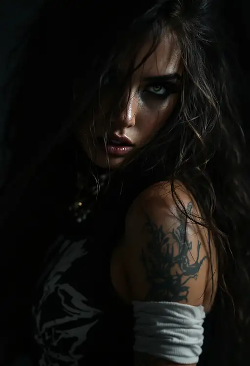 A moody, cinematic photograph of a mysterious female rapper with long hair and a prominent arm tattoo