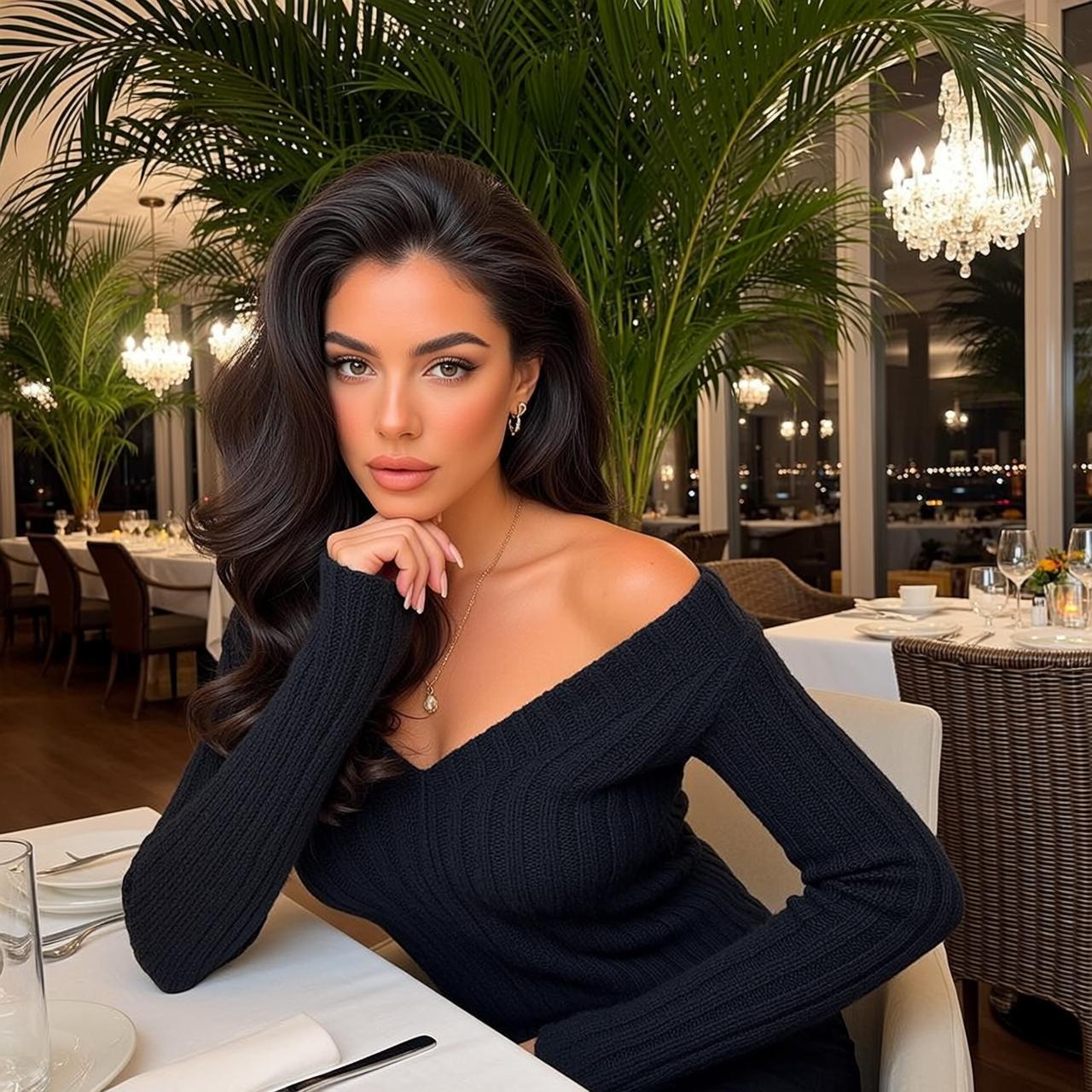 Explore Seated Table Restaurant Her Body Angled